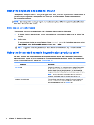 Page 44Using the keyboard and optional mouse
Thekeyboardandoptionalmouseallowyoutotype,selectitems,scrollandtoperformthesamefunctionsas
youdousingtouchgestures.Thekeyboardalsoallowsyoutouseactionkeysandkeycombinationsto
perform
speci