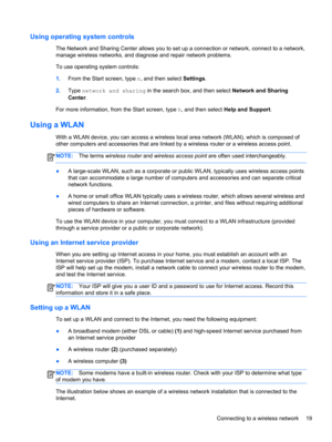 Page 29Using operating system controls
The Network and Sharing Center allows you to set up a connection or network, connect to a network,
manage wireless networks, and diagnose and repair network problems.
To use operating system controls:
1.From the Start screen, type n, and then select Settings.
2.Type network and sharing in the search box, and then select Network and Sharing
Center.
For more information, from the Start screen, type h, and then select Help and Support.
Using a WLAN
With a WLAN device, you can...