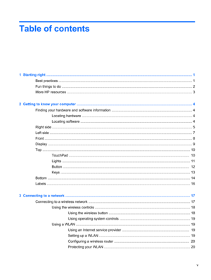 Page 5Table of contents
1  Starting right ................................................................................................................................................... 1
Best practices ....................................................................................................................................... 1
Fun things to do .................................................................................................................................... 2
More HP resources...