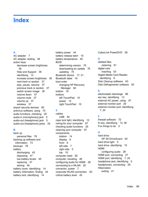 Page 99Index
A
AC adapter 7
AC adapter, testing 48
action keys
decrease screen brightness
36
Help and Support 36
identifying 13
increase screen brightness 36
next track or section 37
play, pause, resume 37
previous track or section 37
switch screen image 36
volume down 37
volume mute 37
volume up 37
wireless 37
airport security devices 60
antivirus software, using 72
audio functions, checking 25
audio-in (microphone)) jack 5
audio-out (headphone) jack 5
audio-out (headphone) jacks 24
B
back up
personal files...