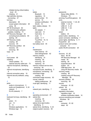 Page 100initiated during critical battery
level 45
initiating 41
high-definition devices,
connecting 27
hot keys
description 38
reveal system information 38
using 38
HP 3D DriveGuard 62
HP and third-party software
updates, installing 73
HP Recovery Manager 83
correcting boot problems 84
starting 84
HP Recovery media
creating 80
recovery 84
HP Recovery partition 84
recovery 83
removing 85
hubs 51
I
input power 86
installing
critical updates 72
optional security cable lock 73
internal microphone, identifying
23...