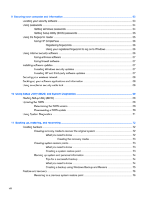 Page 89  Securing your computer and information .................................................................................................. 63
Locating your security software .......................................................................................................... 63
Using passwords ................................................................................................................................ 64
Setting Windows passwords...