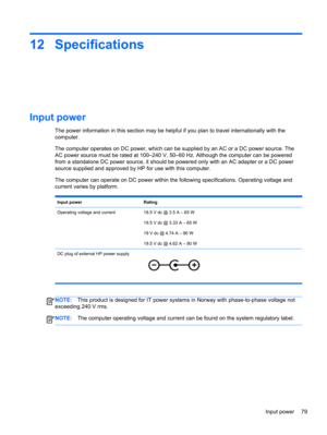 Page 8912 Specifications
Input power
The power information in this section may be helpful if you plan to travel internationally with the
computer.
The computer operates on DC power, which can be supplied by an AC or a DC power source. The
AC power source must be rated at 100–240 V, 50–60 Hz. Although the computer can be powered
from a standalone DC power source, it should be powered only with an AC adapter or a DC power
source supplied and approved by HP for use with this computer.
The computer can operate on...