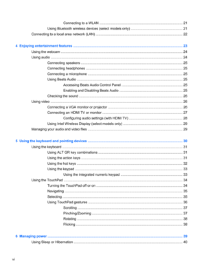 Page 6Connecting to a WLAN ...................................................................................... 21
Using Bluetooth wireless devices (select models only) ..................................................... 21
Connecting to a local area network (LAN) .......................................................................................... 22
4  Enjoying entertainment features ................................................................................................................. 23...