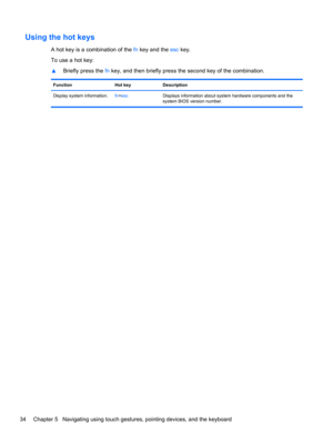 Page 44Using the hot keys 
A hot key is a combination of the fn key and the esc key.
To use a hot key:
▲Briefly press the fn key, and then briefly press the second key of the combination.
Function Hot key Description
Display system information.fn+escDisplays information about system hardware components and the
system BIOS version number.
34 Chapter 5   Navigating using touch gestures, pointing devices, and the keyboard 