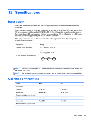 Page 7312 Specifications
Input power
The power information in this section may be helpful if you plan to travel internationally with the
computer.
The computer operates on DC power, which can be supplied by an AC or a DC power source. The
AC power source must be rated at 100–240 V, 50–60 Hz. Although the computer can be powered
from a standalone DC power source, it should be powered only with an AC adapter or a DC power
source supplied and approved by HP for use with this computer.
The computer can operate on...