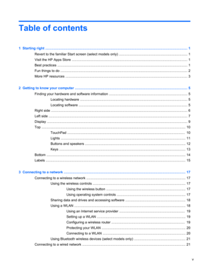 Page 5Table of contents
1  Starting right ................................................................................................................................................... 1
Revert to the familiar Start screen (select models only) ....................................................................... 1
Visit the HP Apps Store ........................................................................................................................ 1
Best practices...