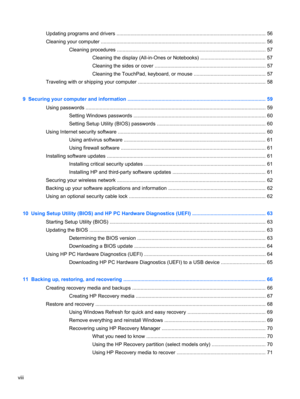 Page 8Updating programs and drivers .......................................................................................................... 56
Cleaning your computer ..................................................................................................................... 56
Cleaning procedures .......................................................................................................... 57
Cleaning the display (All-in-Ones or Notebooks) .................................................