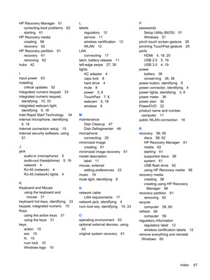 Page 77HP Recovery Manager 61
correcting boot problems 62
starting 61
HP Recovery media
creating 58
recovery 62
HP Recovery partition 61
recovery 61
removing 62
hubs 42
I
input power 63
installing
critical updates 52
Integrated numeric keypad 33
integrated numeric keypad,
identifying 10, 33
integrated webcam light,
identifying 6, 18
Intel Rapid Start Technology  34
internal microphone, identifying
6, 18
Internet connection setup 15
Internet security software, using
51
J
jack
audio-in (microphone) 5
audio-out...