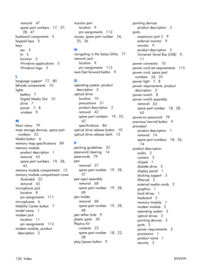 Page 130
removal 47
spare part numbers 17,  27,28,  47
keyboard components 5
keypad keys 5
keys esc 5
fn 5
function 5
Windows applications 5
Windows logo 5
L
language support 77,  80
left-side components 10
lights battery 7
Digital Media Slot 10
drive 7
power 7,  8
wireless 9
M
Main menu 79
mass storage devices, spare part numbers 23
Media button 6
memory map specifications 89
memory module product description 1
removal 43
spare part numbers 19,  28,
43
memory module compartment 12
memory module compartment...