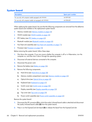 Page 71
System board
DescriptionSpare part number
For use only with computer models equipped with WWAN441097-001
For use only with computer models not equipped with WWAN 441096-001
When replacing the system board, be sure that the following components are removed from the defective
system board and installed on the replacement system board:
● Memory module (see 
Memory module on page 43
)
● WLAN module (see 
WLAN module on page 44
)
● RTC battery (see 
RTC battery on page 62
)
● Bluetooth module (see 
Bluetooth...
