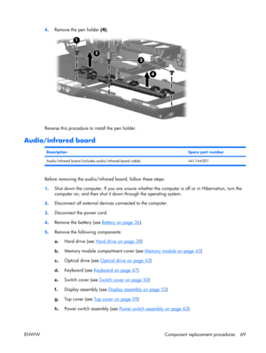 Page 74
4. Remove the pen holder  (4).
Reverse this procedure to install the pen holder.
Audio/infrared board
DescriptionSpare part number
Audio/infrared board (includes au dio/infrared board cable) 441144-001
Before removing the audio/infrared board, follow these steps:
1 . Shut down the computer. If you are unsure whether 
the computer is off or in Hibernation, turn the
computer on, and then shut it down through the operating system.
2 . Disconnect all external device
s connected to the computer.
3 ....