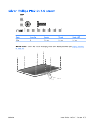 Page 107
Silver Phillips PM2.0×7.0 screw
ColorQuantityLengthThreadHead width
Silver 8 7.0 mm 2.0 mm 5.0 mm
Where used: 8 screws that secure the display  bezel to the display assembly (see Display assembly
on page 52)
ENWW Silver Phillips PM2.0×7.0 screw 103 