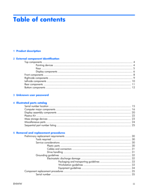 Page 3
Table of contents
1  Product description
2   External component identification
Top components ................................................................................................................ ...... 4
Pointing devices ........................................................................................................ 4
Keys ........................................................................................................................ 5
Display components...