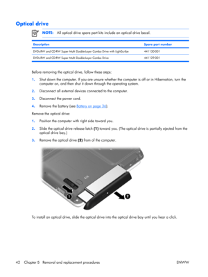 Page 47
Optical drive
NOTE:All optical drive spare part kits include an optical drive bezel.
DescriptionSpare part number
DVD±RW and CD-RW Super Multi Double-L ayer Combo Drive with LightScribe441130-001
DVD±RW and CD-RW Super Multi Double-Layer Combo Drive 441129-001
Before removing the optical drive, follow these steps:
1. Shut down the computer. If you are unsure whether the computer is off or in Hibernation, turn the
computer on, and then shut it down through the operating system.
2 . Disconnect all...