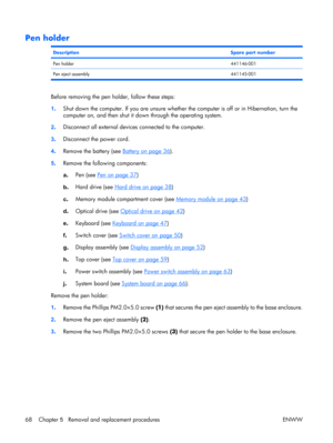 Page 73
Pen holder
DescriptionSpare part number
Pen holder441146-001
Pen eject assembly 441145-001
Before removing the pen holder, follow these steps:
1. Shut down the computer. If you are unsure whether the computer is off or in Hibernation, turn the
computer on, and then shut it down through the operating system.
2 . Disconnect all external device
s connected to the computer.
3 . Disconnect the power cord.
4 . Remove the battery (see 
Battery on page 36
).
5 . Remove the following components:
a
. Pen (see...