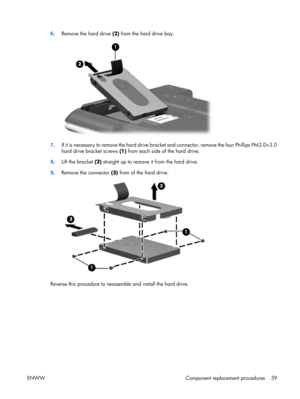 Page 44
6. Remove the hard drive  (2) from the hard drive bay.
7. If it is necessary to remove the hard drive bracke
t and connector, remove the four Phillips PM3.0×3.0
hard drive bracket screws  (1) from each side of the hard drive.
8 . Lift the bracket  (2) straight up to remove it from the hard drive.
9 . Remove the connector  (3) from of the hard drive.
Reverse this procedure to reasse mble and install the hard drive.
ENWW Component replacement procedures 39 