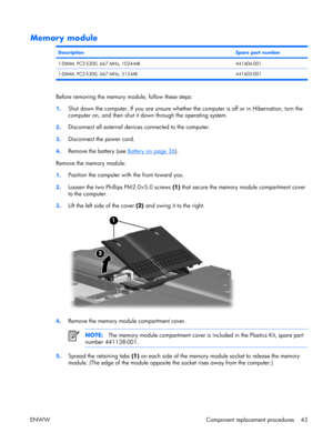 Page 48
Memory module
DescriptionSpare part number
1-DIMM, PC2-5300, 667 MHz, 1024-MB441406-001
1-DIMM, PC2-5300, 667 MHz, 512-MB 441405-001
Before removing the memory module, follow these steps:
1. Shut down the computer. If you are unsure whether 
the computer is off or in Hibernation, turn the
computer on, and then shut it down through the operating system.
2 . Disconnect all external device
s connected to the computer.
3 . Disconnect the power cord.
4 . Remove the battery (see 
Battery on page 36
).
Remove...