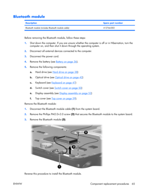 Page 70
Bluetooth module
DescriptionSpare part number
Bluetooth module (includes Bluetooth module cable) 412766-002
Before removing the Bluetooth module, follow these steps:
1. Shut down the computer. If you are unsure whether 
the computer is off or in Hibernation, turn the
computer on, and then shut it down through the operating system.
2 . Disconnect all external device
s connected to the computer.
3 . Disconnect the power cord.
4 . Remove the battery (see 
Battery on page 36
).
5 . Remove the following...