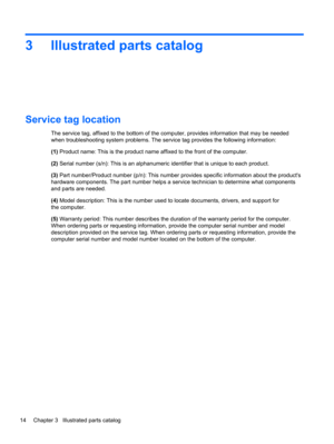 Page 223 Illustrated parts catalog
Service tag location
The service tag, affixed to the bottom of the computer, provides information that may be needed
when troubleshooting system problems. The service tag provides the following information:
(1) Product name: This is the product name affixed to the front of the computer.
(2) Serial number (s/n): This is an alphanumeric identifier that is unique to each product.
(3) Part number/Product number (p/n): This number provides specific information about the products...