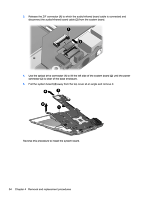 Page 723.Release the ZIF connector (1) to which the audio/infrared board cable is connected and
disconnect the audio/infrared board cable (2) from the system board.
4.Use the optical drive connector (1) to lift the left side of the system board (2) until the power
connector (3) is clear of the base enclosure.
5.Pull the system board (4) away from the top cover at an angle and remove it.
Reverse this procedure to install the system board.
64 Chapter 4   Removal and replacement procedures 