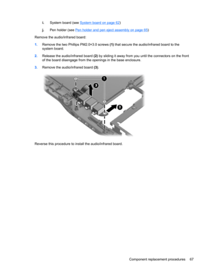 Page 75i.System board (see System board on page 62)
j.Pen holder (see 
Pen holder and pen eject assembly on page 65)
Remove the audio/infrared board:
1.Remove the two Phillips PM2.0×3.0 screws (1) that secure the audio/infrared board to the
system board.
2.Release the audio/infrared board (2) by sliding it away from you until the connectors on the front
of the board disengage from the openings in the base enclosure.
3.Remove the audio/infrared board (3).
Reverse this procedure to install the audio/infrared...