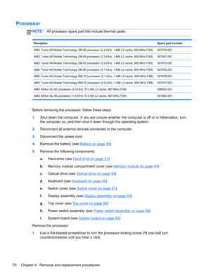 Page 78Processor
NOTE:All processor spare part kits include thermal paste.
DesriptionSpare part number
AMD Turion 64 Mobile Technology ZM-86 processor (2.4-GHz, 1-MB L2 cache, 800-MHz FSB) 507974-001
AMD Turion 64 Mobile Technology ZM-84 processor (2.3-GHz, 1-MB L2 cache, 800-MHz FSB) 507957-001
AMD Turion 64 Mobile Technology ZM-82 processor (2.2-GHz, 1-MB L2 cache, 800-MHz FSB) 507973-001
AMD Turion 64 Mobile Technology ZM-80 processor (2.1-GHz, 1-MB L2 cache, 800-MHz FSB) 507972-001
AMD Turion 64 Mobile...