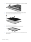 Page 1164.Disconnect all display panel cables (1) from the display inverter and remove the inverter (2).
5.Remove all screws (1) that secure the display panel assembly to the display enclosure.
6.Remove the display panel assembly (2) from the display enclosure.
7.Turn the display panel assembly upside down.
8.Remove all screws that secure the display panel frame to the display panel.
9.Use a sharp-edged tool to cut the tape (1) that secures the sides of the display panel to the
display panel frame.
108 Chapter...