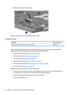 Page 703.Remove the Bluetooth module (3).
Reverse this procedure to install the Bluetooth module.
System board
DescriptionSpare part number
System board (includes replacement thermal material) 480850-001
When replacing the system board, be sure that the following components are removed from the
defective system board and installed on the replacement system board:
●Memory module (see 
Memory module on page 44)
●WLAN module (see 
WLAN module on page 46)
●RTC battery (see 
RTC battery on page 58)
●Bluetooth module...