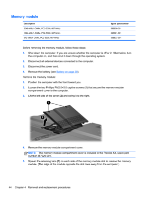 Page 52Memory module
DescriptionSpare part number
2048-MB (1-DIMM, PC2-5300, 667 MHz) 598858-001
1024-MB (1-DIMM, PC2-5300, 667 MHz) 598861-001
512-MB (1-DIMM, PC2-5300, 667 MHz) 598833-001
Before removing the memory module, follow these steps:
1.Shut down the computer. If you are unsure whether the computer is off or in Hibernation, turn
the computer on, and then shut it down through the operating system.
2.Disconnect all external devices connected to the computer.
3.Disconnect the power cord.
4.Remove the...