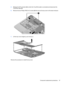 Page 655.Release the ZIF connector (2) to which the TouchPad cable is connected and disconnect the
TouchPad cable (3).
6.Remove the two Phillips PM2.0×4.0 screws (4) that secure the top cover to the base enclosure.
7.Lift the top cover straight up and remove it.
Reverse this procedure to install the top cover.
Component replacement procedures 57 