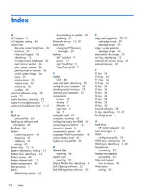 Page 84Index
A
AC adapter 6
AC adapter, testing 44
action keys
decrease screen brightness 36
functions 35
Help and Support 36
identifying 12
increase screen brightness 36
next track or section 36
play, pause, resume 36
previous track or section 36
switch screen image 36
using 35
volume down 36
volume mute 36
volume up 36
wireless 36
antivirus software, using 58
audio 21
audio functions, checking 22
audio-in (microphone) jack 7
audio-out (headphone) jack 7, 21
B
back up
personal files 65
backing up software and...