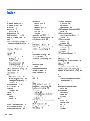 Page 64Index
A
ACadapterandbattery4
ACadapter,testing30
accessibility53
actionkeys12
identifying9
airplanemode14
airplanemodekey12,14
antivirussoftware,using38
audio19
audio-out(headphone)/audio-in(microphone)jack,identifying
5
B
backingupsoftwareandinformation
39
backups45
battery
conservingpower28
discharging28
factory-sealed27
