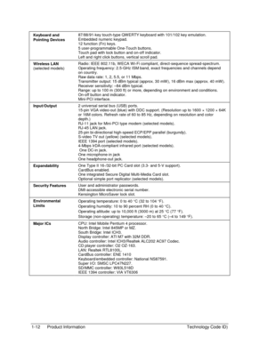 Page 181-12  Product Information  Technology Code ID) 
Keyboard and  
Pointing Devices 87/88/91-key touch-type QW ERTY keyboard with 101/102 key emulation. 
Embedded numeric keypad. 
12 function (Fn) keys. 
5 user-programmable One-Touch buttons. 
Touch pad with lock button and on-off indicator. 
Left and right click buttons, vertical scroll pad. 
Wireless LAN 
(selected models) Radio: IEEE 802.11b, W ECA W i-Fi compliant, direct-sequence spread-spectrum. 
Operating frequency: 2.5-GHz ISM band, exact frequencies...