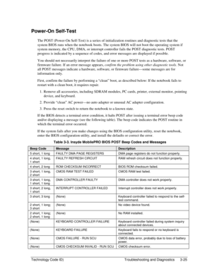 Page 87Technology Code ID)  Troubleshooting and Diagnostics  3-25 
Power-On Self-Test 
The POST (Power-On Self-Test) is a series of initialization routines and diagnostic tests that the 
system BIOS runs when the notebook boots. The system BIOS will not boot the operating system if 
system memory, the CPU, DMA, or interrupt controller fails the POST diagnostic tests. POST 
progress is indicated by a sequence of codes, and error messages are displayed if possible. 
You should not necessarily interpret the...