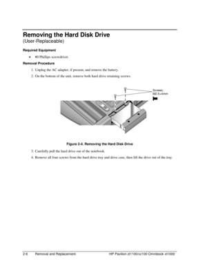 Page 282-6  Removal and Replacement  HP Pavilion zt1100/xz100 Omnibook xt1000 
Removing the Hard Disk Drive 
(User-Replaceable) 
Required Equipment 
• #0 Phillips screwdriver. 
Removal Procedure 
1.  Unplug the AC adapter, if present, and remove the battery. 
2.  On the bottom of the unit, remove both hard drive retaining screws. 
  
 
 
 
Figure 2-4. Removing the Hard Disk Drive 
3.  Carefully pull the hard drive out of the notebook. 
4.  Remove all four screws from the hard drive tray and drive case, then...