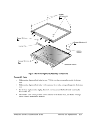 Page 43HP Pavilion zt1100/xz100 Omnibook xt1000  Removal and Replacement  2-21 
  
 
 
Figure 2-16. Removing Display Assembly Components 
Reassembly Notes 
• Make sure the alignment hole in the inverter PCA fits over the corresponding post in the display 
case. 
• Make sure the alignment hole in the wireless antenna fits over the corresponding post in the display 
case. 
• Set the bezel in place on the display, then work your way around the bezel, firmly snapping the 
bezel latches shut. 
• The rounded screw...