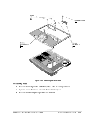 Page 51HP Pavilion zt1100/xz100 Omnibook xt1000  Removal and Replacement  2-29 
  
 
 
Figure 2-21. Removing the Top Case 
Reassembly Notes 
• Make sure the touch pad cable and CD player PCA cable are securely connected. 
• If present, reinsert the wireless cables into their slot in the top case. 
• Make sure the tabs along the edges of the case snap shut. 
Screw, M2×4mm 
Screws, 
M2.5x6mm (2) Screws, 
M2×4mm (2) 
Screws, 
M2×4mm (2)  