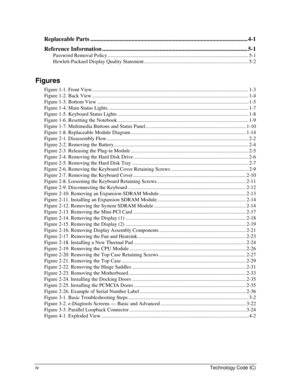 Page 4iv    Technology Code IC) 
Replaceable Parts ........................................................................................................... 4-1 
Reference Information ................................................................................................... 5-1 
Password Removal Policy ............................................................................................................. 5-1 
Hewlett-Packard Display Quality Statement...