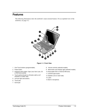 Page 9Technology Code IC)  Product Information  1-3 
Features 
The following illustrations show the notebook’s main external features. For an exploded view of the 
notebook, see page 4-2. 
  
 
Figure 1-1. Front View 
 
1.  One-Touch buttons (programmable). 
2. Power button. 
3.  Keyboard status lights: Caps Lock, Num Lock, CD 
or DVD drive activity. 
4.  Touch pad/scroll pad on-off button (with on-off 
indicators on either side). 
5.  Left and right click buttons. 
6. Touch pad. 
7. Scroll pad 
 
8.  Volume...