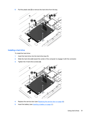 Page 618.Pull the plastic tab (3) to remove the hard drive from the bay.
Installing a hard drive
To install the hard drive:
1.Insert the hard drive into the hard drive bay (1).
2.Slide the hard drive (2) toward the center of the computer to engage it with the connector.
3.Tighten the 4 hard drive screws (3).
4.Replace the service door (see Replacing the service door on page 49).
5.Insert the battery (see 
Inserting a battery on page 41).
Using hard drives 51 
