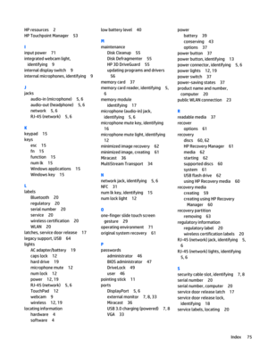 Page 87HP resources 2
HP Touchpoint Manager 53
I
input power 71
integrated webcam light,
identifying 9
internal display switch 9
internal microphones, identifying 9
J
jacks
audio-in (microphone) 5, 6
audio-out (headphone) 5, 6
network 5, 6
RJ-45 (network) 5, 6
K
keypad 15
keys
esc 15
fn 15
function 15
num lk 15
Windows applications 15
Windows key 15
L
labels
Bluetooth 20
regulatory 20
serial number 20
service 20
wireless certification 20
WLAN 20
latches, service door release 17
legacy support, USB 64
lights
AC...