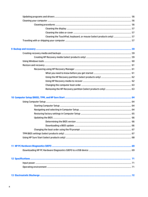 Page 10Updating programs and drivers ..........................................................................................................................  56
Cleaning your computer ...................................................................................................................................... 56
Cleaning procedures .........................................................................................................................  56
Cleaning the display...