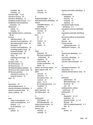 Page 113installing60
removing59
hard drive light15, 62
hard drive recovery81
hard drive, identifying14
headphone (audio-out) jack4, 5
headphones and microphones, connecting
34
Hibernation
exiting42
initiating42
high-definition devices, connecting
38, 40
hot keys
adjusting volume30
decrease screen brightness30
decreasing speaker sound30
description29
increase screen brightness30
increasing speaker sound30
keyboard backlight30
microphone mute30
Sleep30
switching screen image30
using30
hot keys, media33
HP 3D...