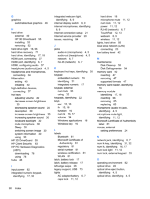 Page 100G
graphics
switchable/dual graphics 46
H
hard drive
external 49
HP 3D DriveGuard 55
installing 53
removing 52
hard drive light 18, 55
hard drive recovery 71
hard drive, identifying 17, 18
HDMI port, connecting 37
HDMI port, identifying 6, 7
HDMI, configuring audio 37
headphone (audio-out) jack 4, 5
headphones and microphones,
connecting 34
Hibernation
exiting 40
initiating 40
high-definition devices,
connecting 37
hot keys
adjusting volume 30
decrease screen brightness
30
decreasing speaker sound 30...