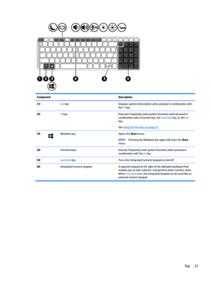 Page 31ComponentDescription(1)esckeyDisplayssysteminformationwhenpressedincombinationwith
the
fnkey.
(2)fnkeyExecutesfrequentlyusedsystemfunctionswhenpressedin
combinationwithafunctionkey,the
numlockkey,ortheesckey.
SeeUsingthehotkeysonpage22
(3)WindowskeyOpenstheStartmenu.NOTE:PressingtheWindowskeyagainwillclosetheStart 
menu.
(4)FunctionkeysExecutefrequentlyusedsystemfunctionswhenpressedin
combinationwiththe
fnkey....