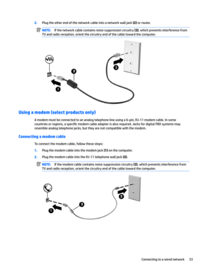 Page 432.Plugtheotherendofthenetworkcableintoanetworkwalljack(2)orrouter.NOTE:Ifthenetworkcablecontainsnoisesuppressioncircuitry(3),whichpreventsinterferencefrom
TVandradioreception,orientthecircuitryendofthecabletowardthecomputer.
Using a modem (select products only)
Amodemmustbeconnectedtoananalogtelephonelineusinga6-pin,RJ-11modemcable.Insome countriesorregions,a
speci