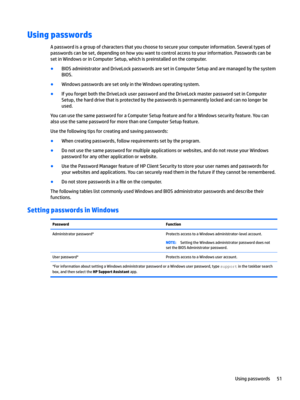 Page 61Using passwords
Apasswordisagroupofcharactersthatyouchoosetosecureyourcomputerinformation.Severaltypesofpasswordscanbeset,dependingonhowyouwanttocontrolaccesstoyourinformation.Passwordscanbe
setinWindowsorinComputerSetup,whichispreinstalledonthecomputer.
BBIOSadministratorandDriveLockpasswordsaresetinComputerSetupandaremanagedbythesystem BIOS.
BWindowspasswordsaresetonlyintheWindowsoperatingsystem....