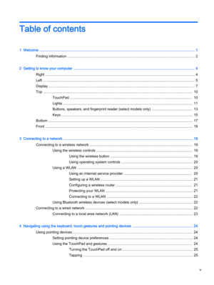 Page 5Table of contents
1  Welcome ........................................................................................................................................................... 1
Finding information ............................................................................................................................... 2
2  Getting to know your computer ......................................................................................................................... 4
Right...