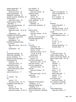 Page 157display release latch 16
Display Rubber Kit
spare part number 35
display specifications 131
DisplayPort, identifying 18
docking connector, identifying 20
docking station
spare part numbers 36
docking support, product
description 4
drives, preventing damage 45
DVD-ROM Drive
precautions 45
spare part number 28, 32, 39,
64
specifications 134
DVD±RW and CD-RW SuperMulti
Double-Layer combo Drive
precautions 45
specifications 133
DVD±RW SuperMulti Double-
Layer Drive
spare part number 28, 31, 39,
63...